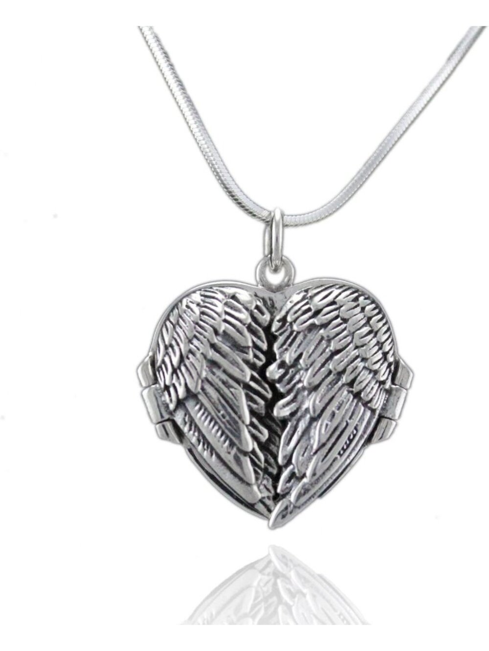Sterling Silver Angel Wings Heart Locket Necklace, 18" Snake Chain, Gift Idea